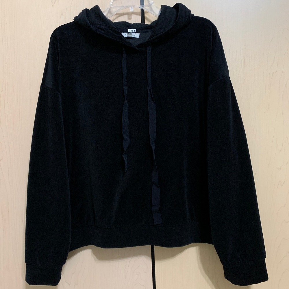 Max Studio Women's Cozy Long Sleeve Pullover Velour Hoodie Sweatshirt‎ Black XL